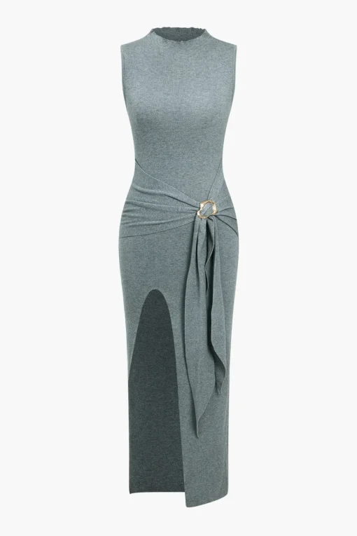 MICAS Knit Dresses-Solid High Slit Knotted Sweater Dress LIGHT GRAY