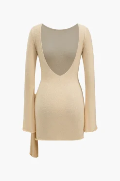 MICAS Knit Dresses-Solid Knit Asymmetrical Appliques Dress BEIGE