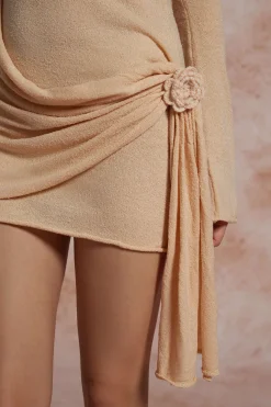 MICAS Knit Dresses-Solid Knit Asymmetrical Appliques Dress BEIGE