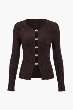 MICAS Knit Tops-Solid Knit Button Long-Sleeve Top BROWN