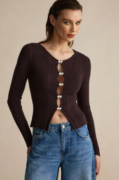MICAS Knit Tops-Solid Knit Button Long-Sleeve Top BROWN