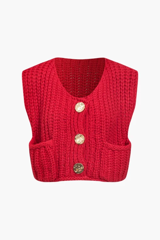 MICAS Knitwear|Knit Tops-Solid Knit Button Up Vest