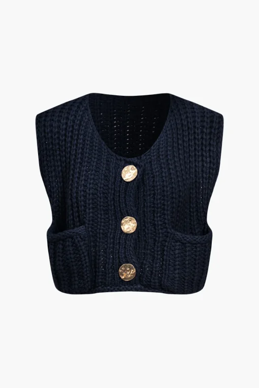 MICAS Knitwear|Knit Tops-Solid Knit Button Up Vest