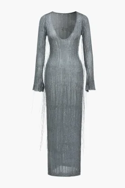 MICAS Knit Dresses-Solid Knit Fringe V-Neck Long Sleeve Maxi Dress GRAY MELANGE