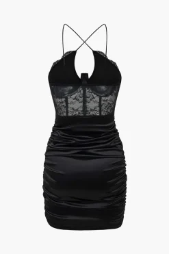 MICAS Mini Dresses-Solid Lace Crossed Mini Dress BLACK