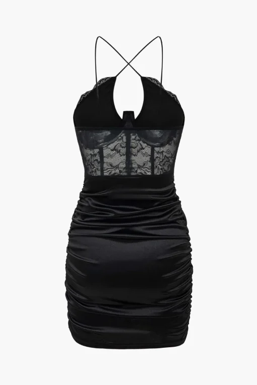MICAS Mini Dresses-Solid Lace Crossed Mini Dress BLACK