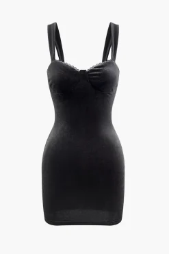 MICAS Mini Dresses-Solid Lace Velvet Backless Mini Dress BLACK