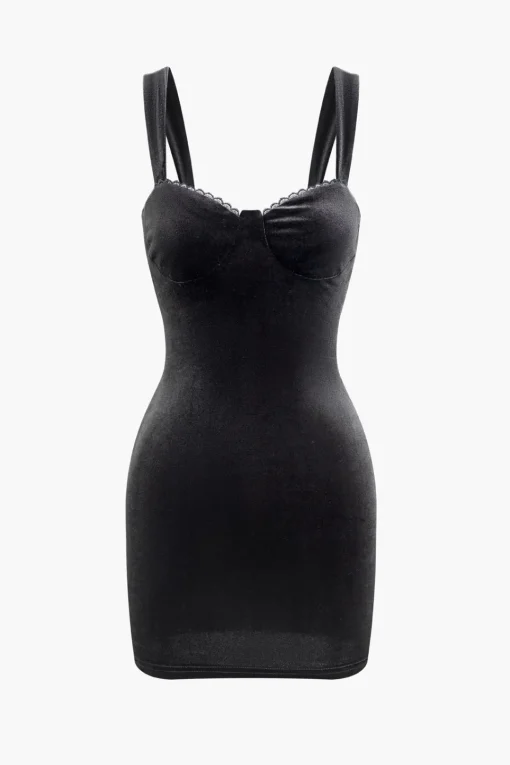 MICAS Mini Dresses-Solid Lace Velvet Backless Mini Dress BLACK