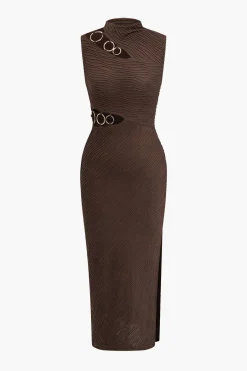 MICAS Midi Dresses-Solid Metallic Tank Cut Out Asymmetrical Midi Dress COFFEE