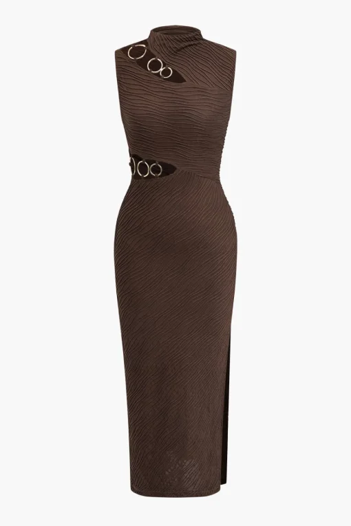 MICAS Midi Dresses-Solid Metallic Tank Cut Out Asymmetrical Midi Dress COFFEE