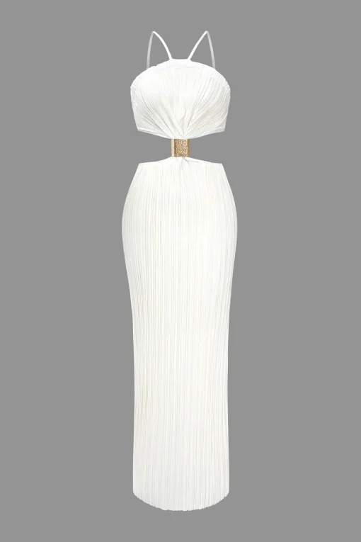 MICAS Maxi Dresses-Solid Pleated Slit Maxi Dress
