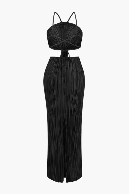 MICAS Maxi Dresses-Solid Pleated Slit Maxi Dress