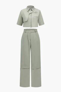 MICAS Pant Sets-Solid Pocket And Zipper Detail Trouser Set SAGE
