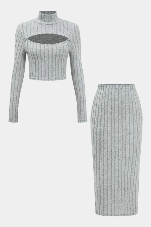 MICAS Skirt Sets-Solid Ribbed Long Sleeve Cut Out Top And Skirt Set LIGHT GRAY