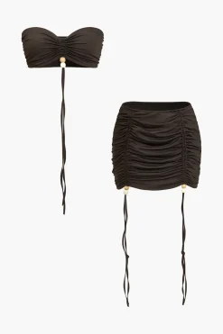 MICAS Skirt Sets-Solid Ruched Drawstring Tie-Up Skirt Set BROWN