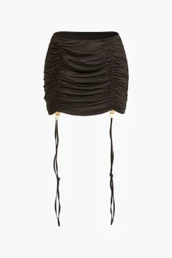 MICAS Skirt Sets-Solid Ruched Drawstring Tie-Up Skirt Set BROWN