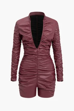 MICAS Jumpsuits & Rompers-Solid Ruched High Elastic Leather Romper BURGUNDY
