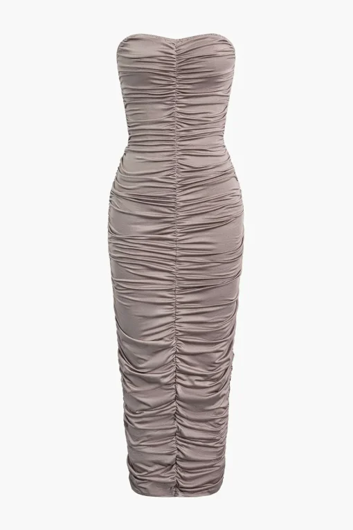 MICAS Midi Dresses-Solid Ruched Strapless Midi Dress PALE MAUVE