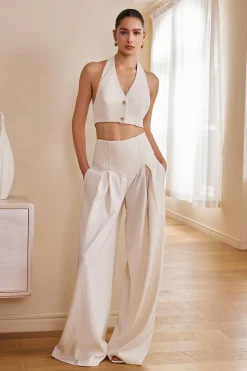 MICAS Pants-Solid Ruched Wide Leg Trousers IVORY