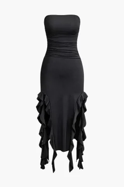 MICAS Midi Dresses-Solid Ruffle Hem Ruched Tube Maxi Dress