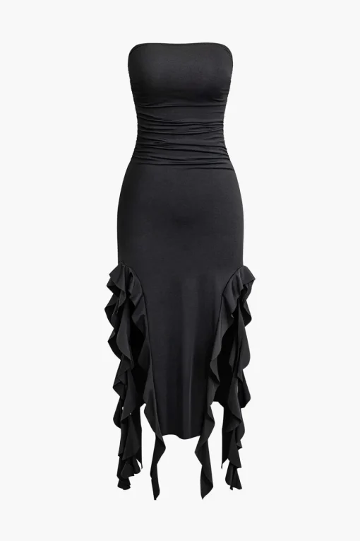 MICAS Midi Dresses-Solid Ruffle Hem Ruched Tube Maxi Dress