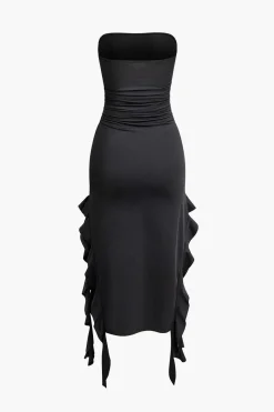 MICAS Midi Dresses-Solid Ruffle Hem Ruched Tube Maxi Dress