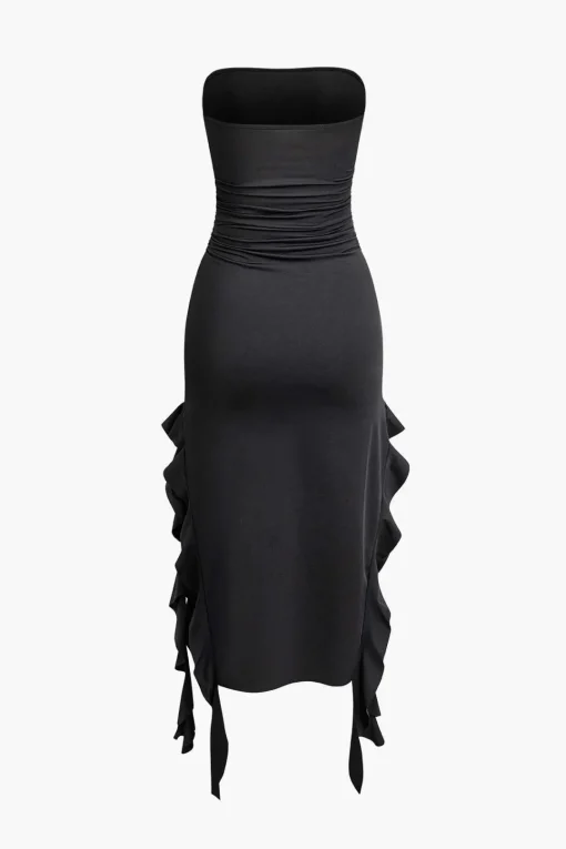 MICAS Midi Dresses-Solid Ruffle Hem Ruched Tube Maxi Dress