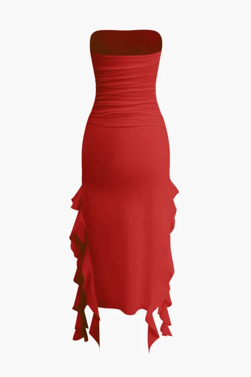 MICAS Midi Dresses-Solid Ruffle Hem Ruched Tube Maxi Dress