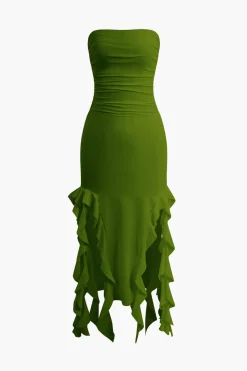 MICAS Midi Dresses-Solid Ruffle Hem Ruched Tube Maxi Dress