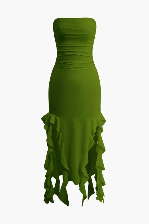 MICAS Midi Dresses-Solid Ruffle Hem Ruched Tube Maxi Dress