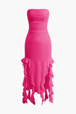 MICAS Midi Dresses-Solid Ruffle Hem Ruched Tube Maxi Dress