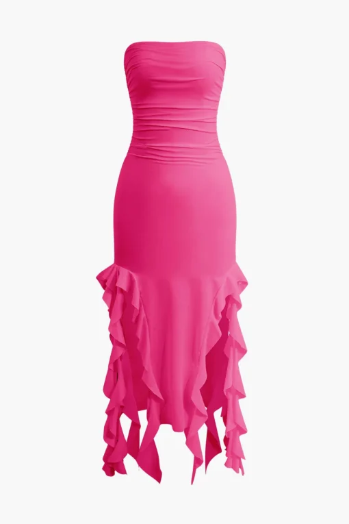 MICAS Midi Dresses-Solid Ruffle Hem Ruched Tube Maxi Dress