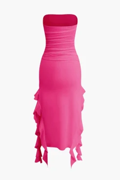 MICAS Midi Dresses-Solid Ruffle Hem Ruched Tube Maxi Dress