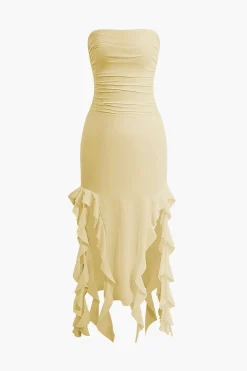 MICAS Midi Dresses-Solid Ruffle Hem Ruched Tube Maxi Dress