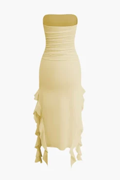 MICAS Midi Dresses-Solid Ruffle Hem Ruched Tube Maxi Dress