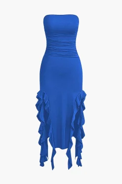 MICAS Midi Dresses-Solid Ruffle Hem Ruched Tube Maxi Dress