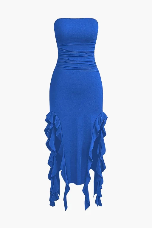 MICAS Midi Dresses-Solid Ruffle Hem Ruched Tube Maxi Dress