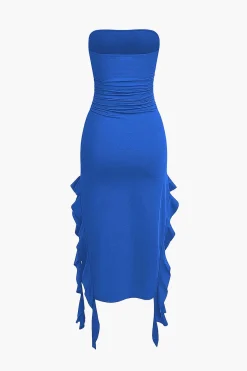 MICAS Midi Dresses-Solid Ruffle Hem Ruched Tube Maxi Dress