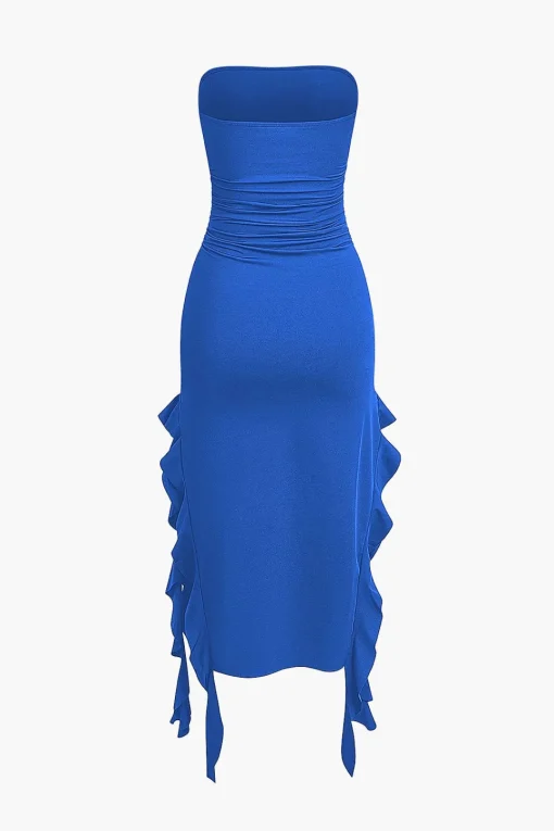 MICAS Midi Dresses-Solid Ruffle Hem Ruched Tube Maxi Dress