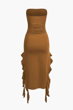 MICAS Midi Dresses-Solid Ruffle Hem Ruched Tube Maxi Dress