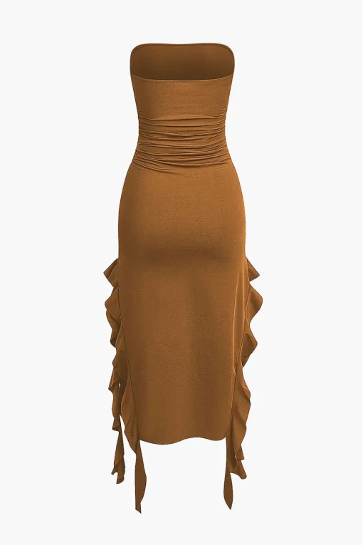 MICAS Midi Dresses-Solid Ruffle Hem Ruched Tube Maxi Dress