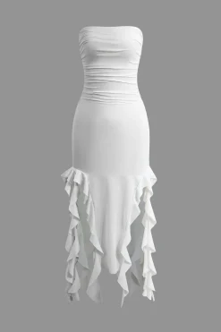 MICAS Midi Dresses-Solid Ruffle Hem Ruched Tube Maxi Dress