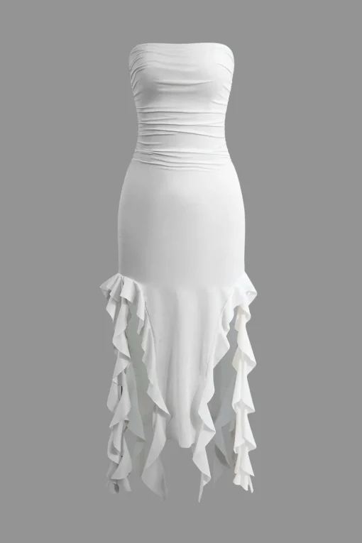 MICAS Midi Dresses-Solid Ruffle Hem Ruched Tube Maxi Dress