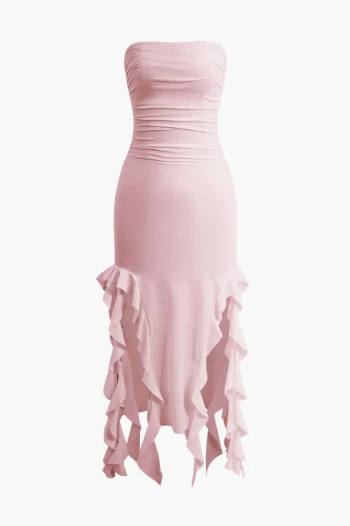 MICAS Midi Dresses-Solid Ruffle Hem Ruched Tube Maxi Dress