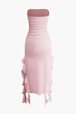 MICAS Midi Dresses-Solid Ruffle Hem Ruched Tube Maxi Dress