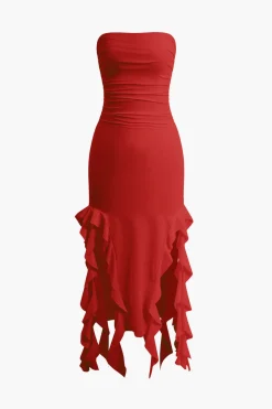 MICAS Midi Dresses-Solid Ruffle Hem Ruched Tube Maxi Dress