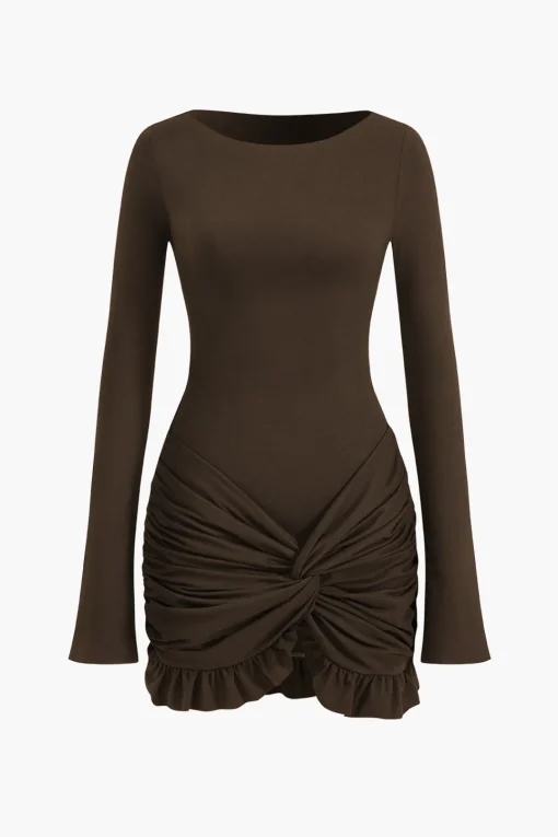 MICAS Long Sleeve Dresses|Mini Dresses-Solid Ruffle Ruched Twist Long Sleeve Mini Dress