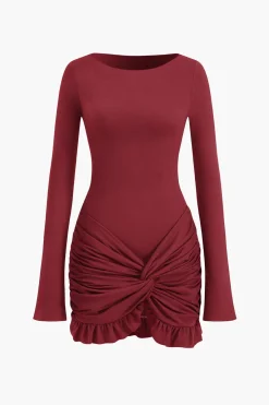 MICAS Long Sleeve Dresses|Mini Dresses-Solid Ruffle Ruched Twist Long Sleeve Mini Dress