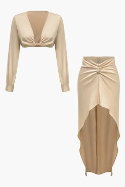 MICAS Skirt Sets-Solid Satin V-neck Cropped Shirt And Asymmetrical Skirt Set DUSTY ROSE