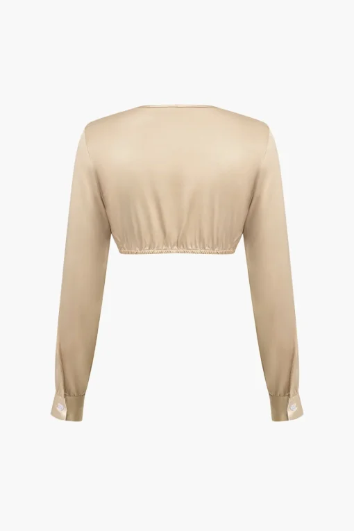 MICAS Skirt Sets-Solid Satin V-neck Cropped Shirt And Asymmetrical Skirt Set DUSTY ROSE